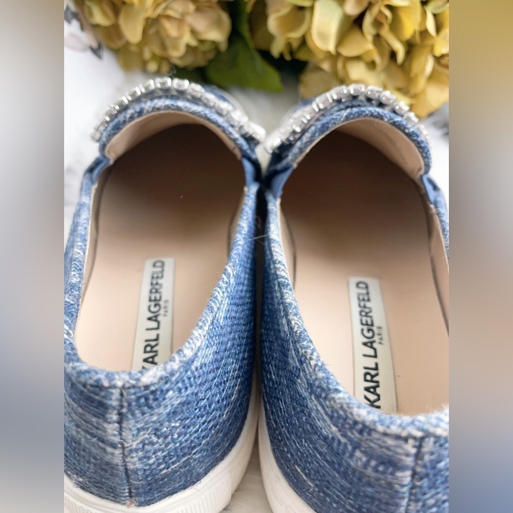 Karl Lagerfeld Navy Denim Slip on Shoes with Diamond Buckle Size 6/36 - Picture 8 of 8
